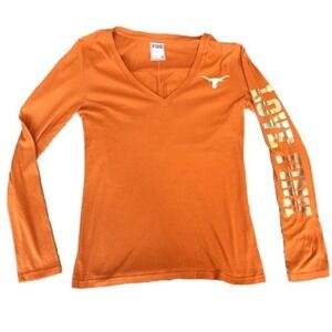 PINK Victoria's Secret Texas Longhorns Long Sleeve V-Neck Foil Print Tee Size L